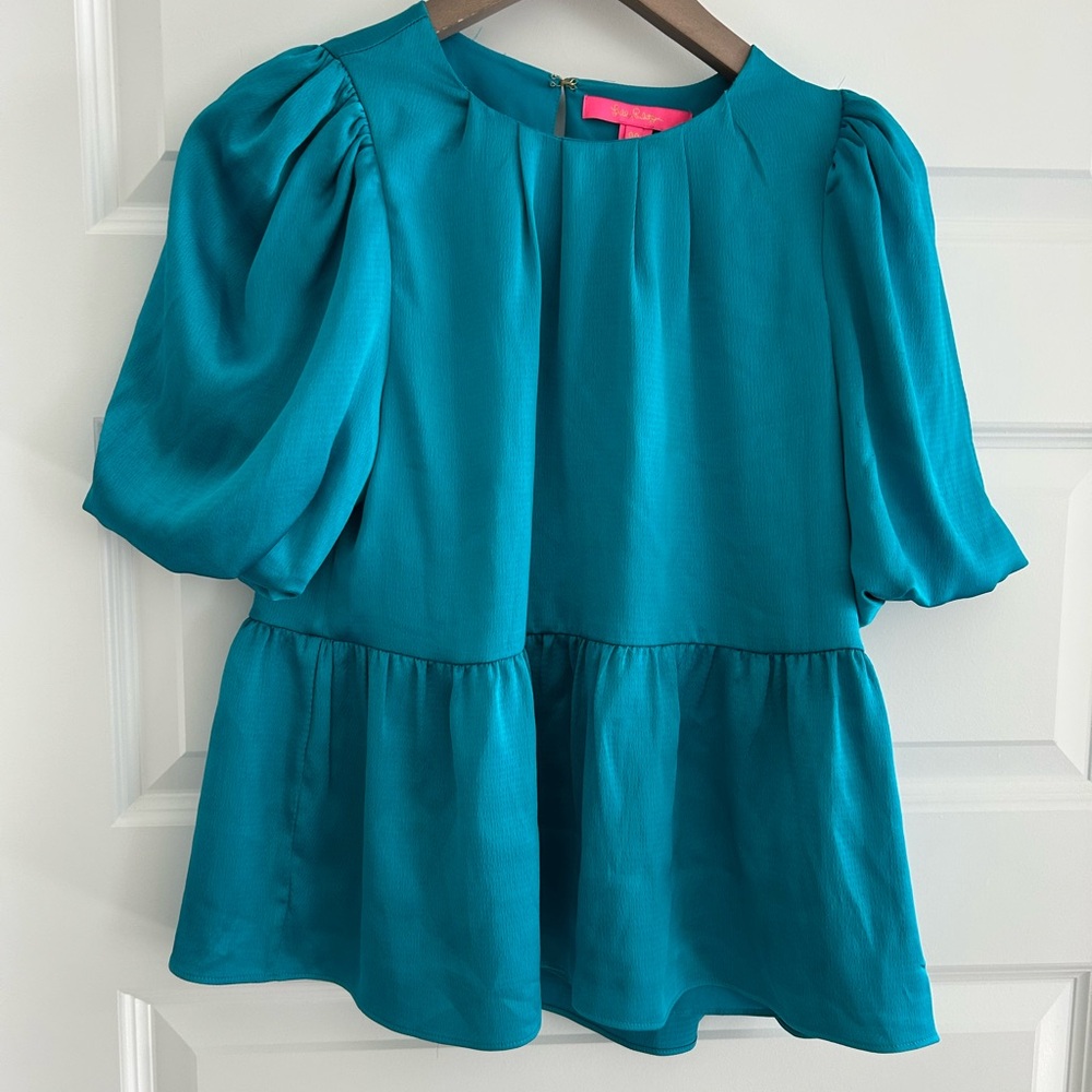 Lilly Pulitzer Balloon Sleeve Peplum Blouse Blue Size 00
